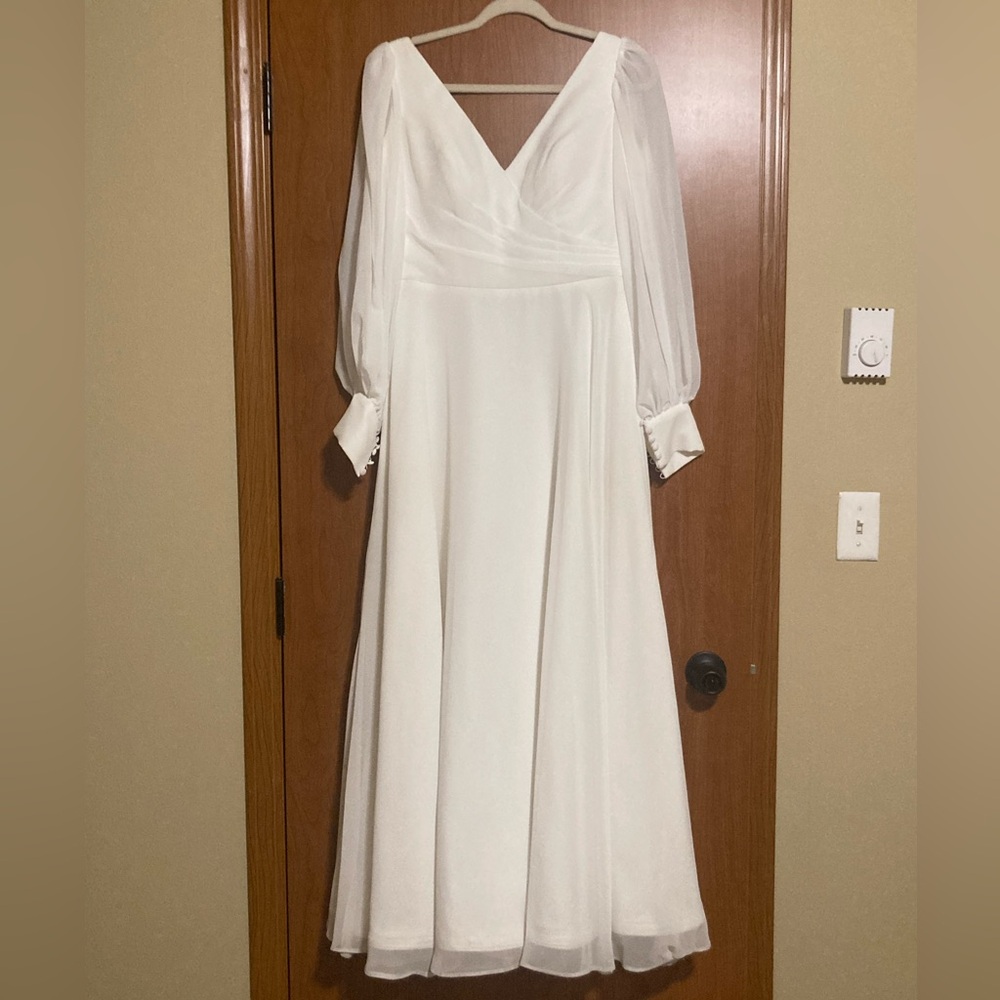Pleated V-Neck Chiffon A-Line Bridal Gown with Bishop Sleeves